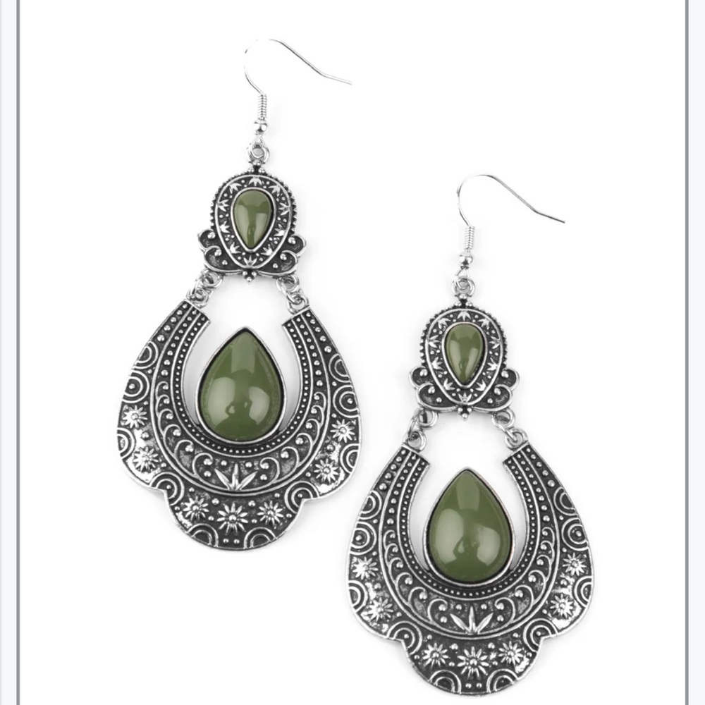 Elegant Rise and Roam - Green and Silver Dangle Earrings